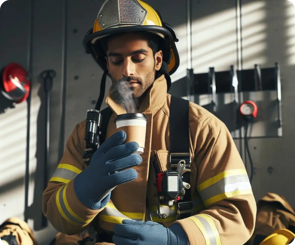 Firefighter enjoying a hot drink.